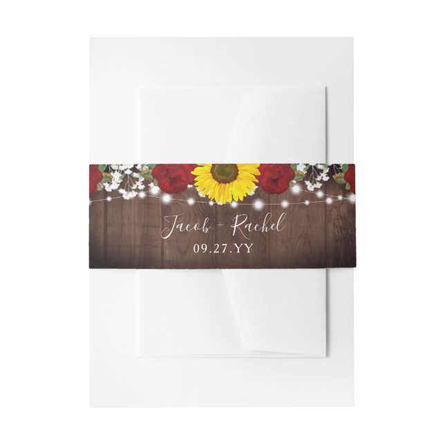 Sunflower Red Roses Mason Jar Lights Wedding Invitation Belly Band (Front Example)