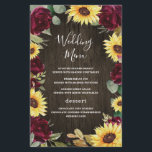 Sunflower Red Roses Rustic Wood Wedding Menu Cards<br><div class="desc">Design features watercolor deep burgundy red roses,  sunflowers,  eucalyptus and other greenery elements over a rustic barn wood grain background.</div>