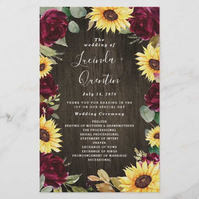 Sunflower Red Roses Rustic Wood Wedding Programs (Front)