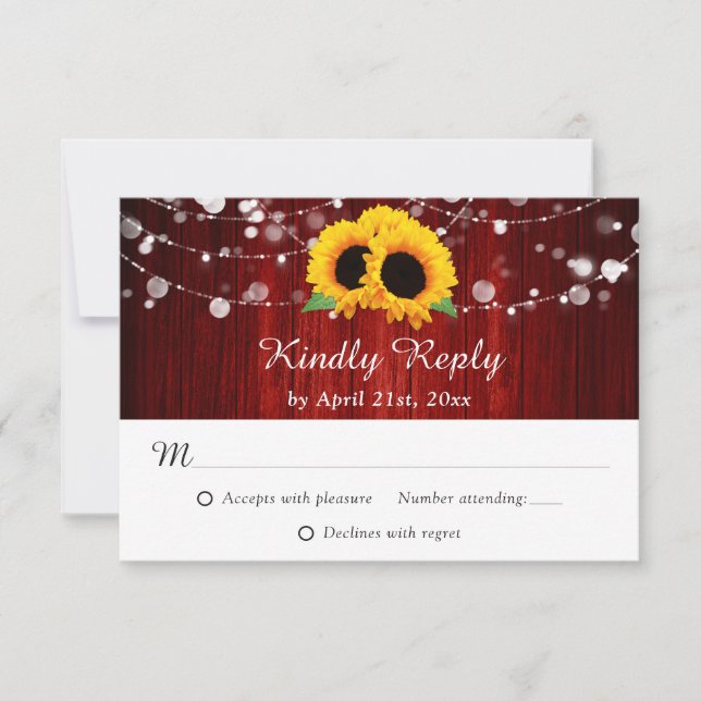 Sunflower Red Rustic Wood String Lights Wedding RSVP Card (Front)
