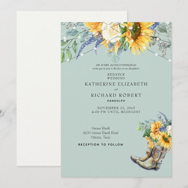 Sunflower Redneck Boots Lights  Invitation (Front/Back)