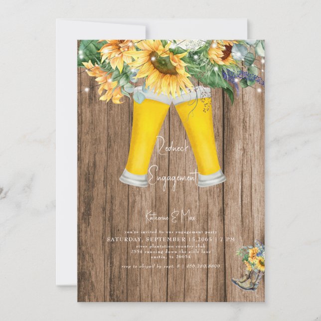 Sunflower Redneck Boots Wood Engagement Party Invitation (Front)