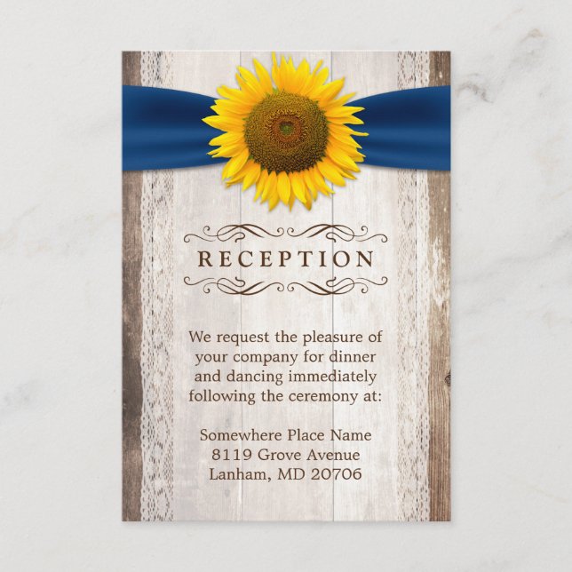 Sunflower Ribbon Rustic Wood Wedding Reception Enclosure Card (Front)