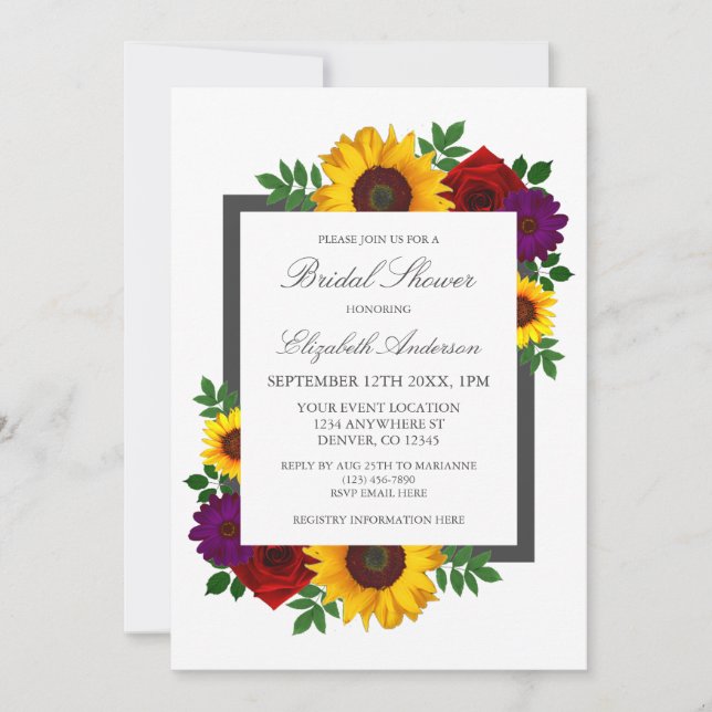 Sunflower Rose Autumn Floral Bridal Shower Invitation (Front)