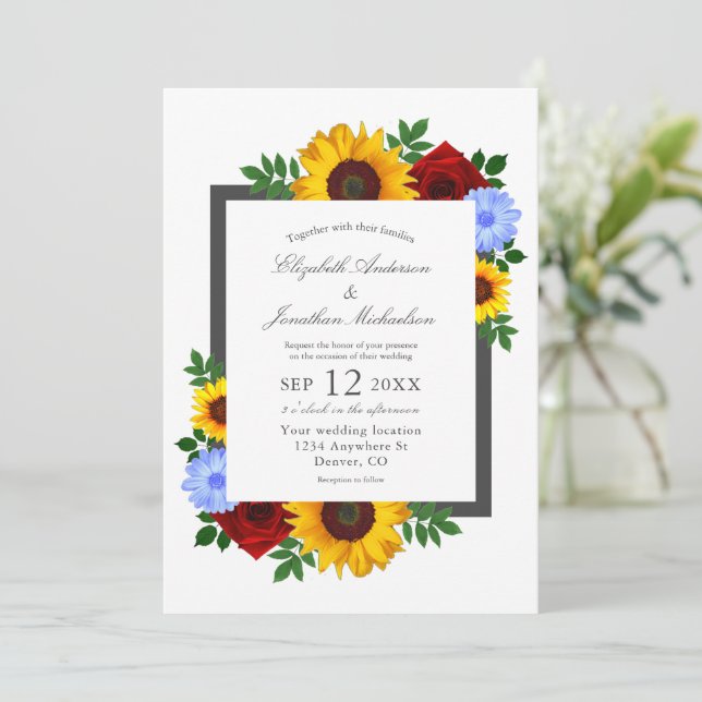 Sunflower Rose Autumn Floral Wedding Invitation (Standing Front)