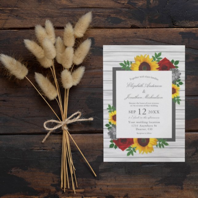 Sunflower Rose Autumn Floral Wood Wedding Invitation (Creator Uploaded)