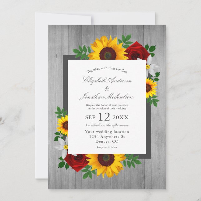 Sunflower Rose Autumn Floral Wood Wedding Invitation (Front)