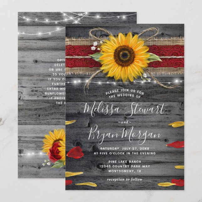 Sunflower Rose Burgundy Lace Rustic Wood Wedding Invitation (Front/Back)