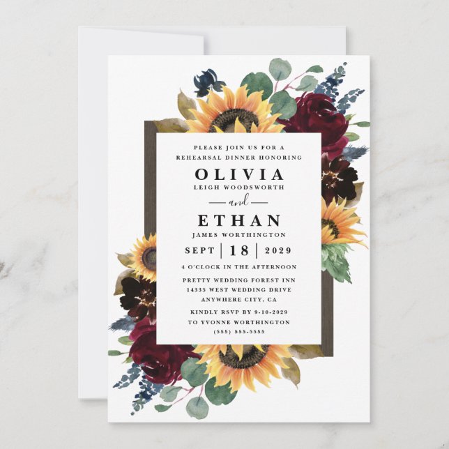 Sunflower Rose Burgundy Navy Blue Rehearsal Dinner Invitation (Front)