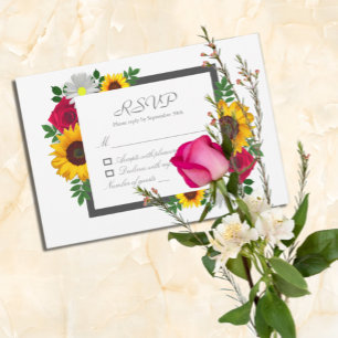 Sunflower Rose Daisy Autumn Floral Wedding RSVP Card