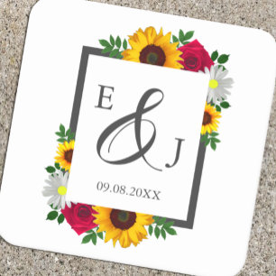 Sunflower Rose Daisy Autumn Floral Wedding Square Paper Coaster
