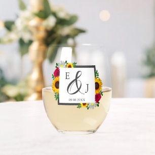 Sunflower Rose Daisy Autumn Floral Wedding Stemless Wine Glass