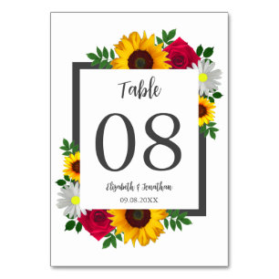 Sunflower Rose Daisy Autumn Floral Wedding Table Number