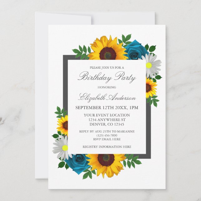 Sunflower Rose Daisy Floral Birthday Invitation (Front)