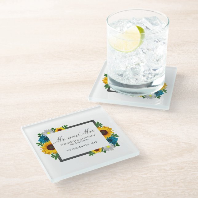 Sunflower Rose Daisy Floral Wedding Glass Coaster (Angled)