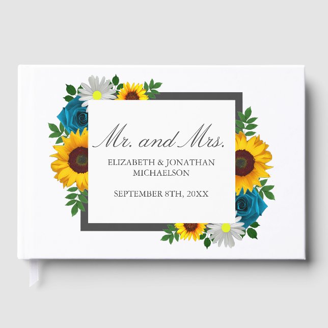 Sunflower Rose Daisy Floral Wedding Guest Book (Front)