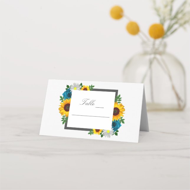 Sunflower Rose Daisy Floral Wedding Place Card (Front)