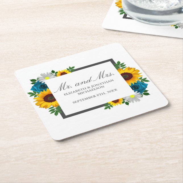 Sunflower Rose Daisy Floral Wedding Square Paper Coaster (Angled)