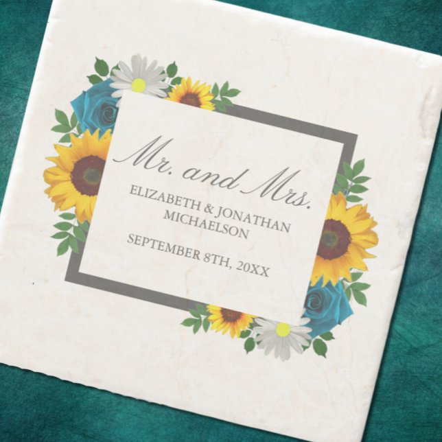 Sunflower Rose Daisy Floral Wedding Stone Coaster (Creator Uploaded)
