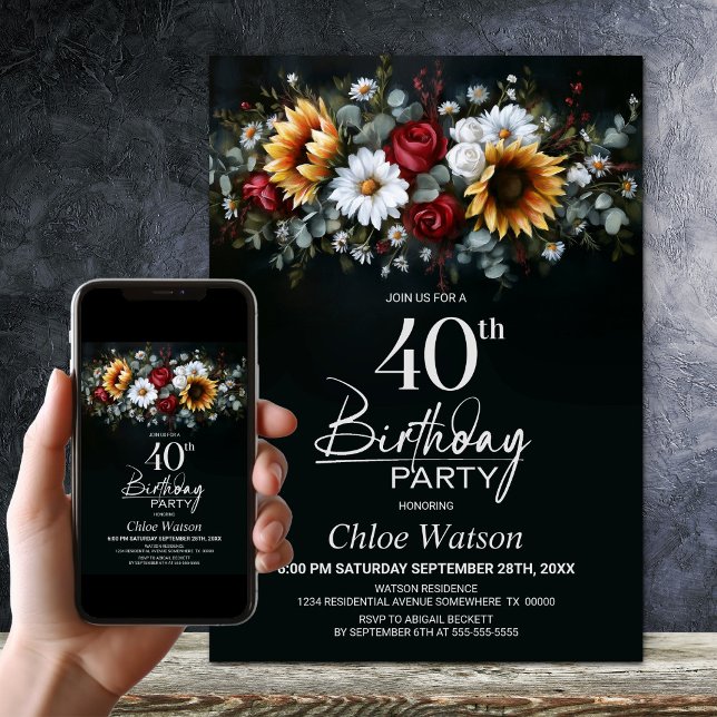 Sunflower Rose Floral Black 40th Birthday Party Invitation (Creator Uploaded)