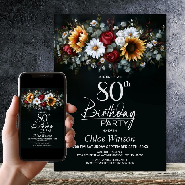 Sunflower Rose Floral Black 80th Birthday Party Invitation (Creator Uploaded)