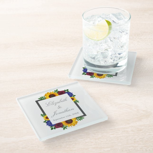 Sunflower Rose Floral Wedding Glass Coaster (Angled)