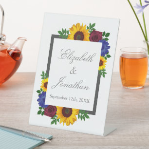 Sunflower Rose Floral Wedding Pedestal Sign