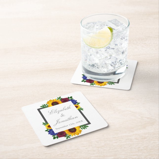 Sunflower Rose Floral Wedding Square Paper Coaster (Insitu)