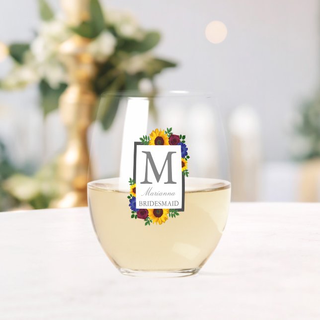 Sunflower Rose Floral Wedding Stemless Wine Glass (Insitu (Wedding))