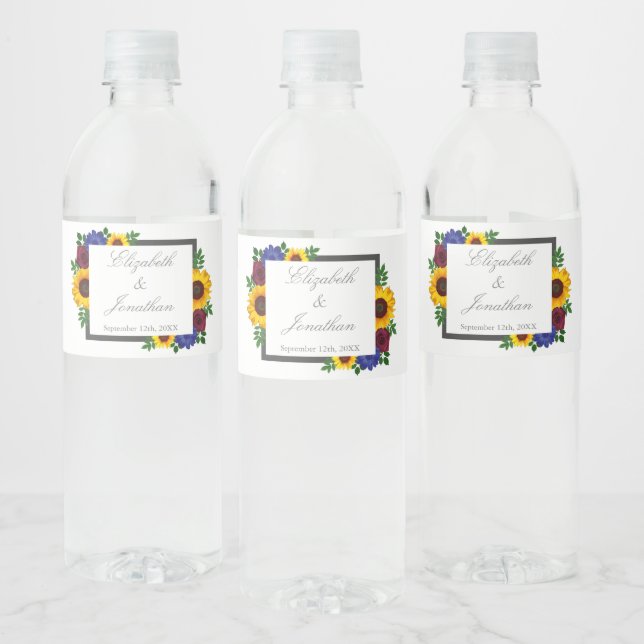 Sunflower Rose Floral Wedding Water Bottle Label (Bottles)