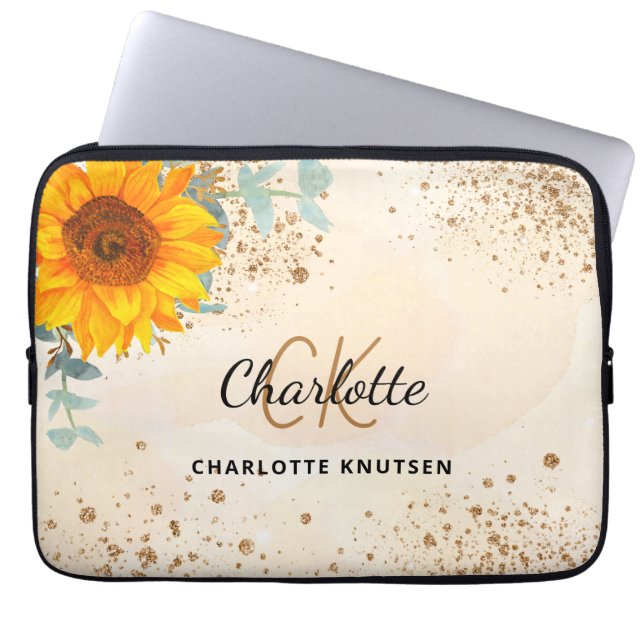 Sunflower rose gold glitter monogram laptop sleeve (Front)
