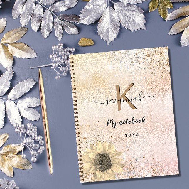 Sunflower rose gold glitter monogram name notebook (Creator Uploaded)