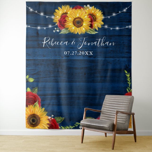 Sunflower Rose Navy Wood Rustic Wedding  Backdrop Tapestry (In Situ)