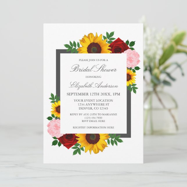 Sunflower Rose Peonies Autumn Floral Bridal Shower Invitation (Standing Front)