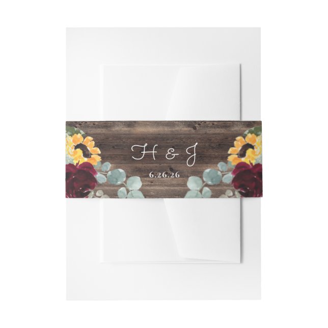 Sunflower Roses Barn Wood Rustic Wedding Invitation Belly Band (Front Example)