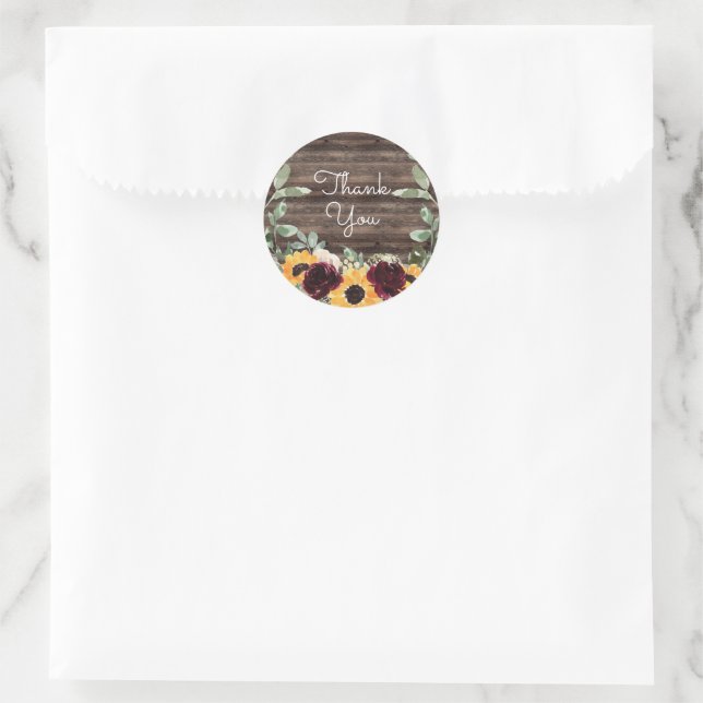Sunflower Roses Barn Wood Thank You Classic Round Sticker (Bag)