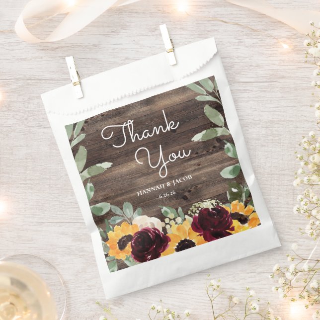 Sunflower Roses Barn Wood Wedding Event Thank You Favour Bags (Clipped)