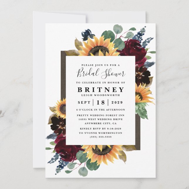 Sunflower Roses Burgundy Navy Blue Bridal Shower Invitation (Front)