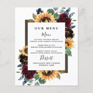 Sunflower Roses Burgundy Navy Blue Wedding Menu