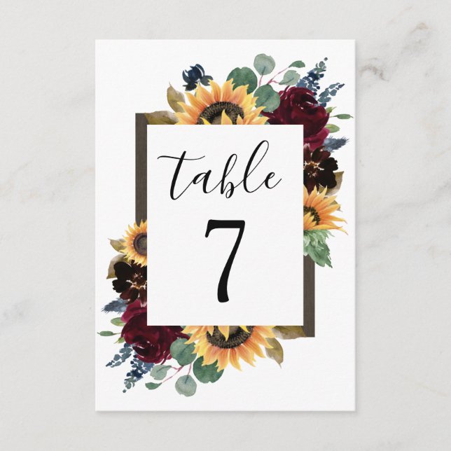 Sunflower Roses Burgundy Navy Wedding Table Number (Front)