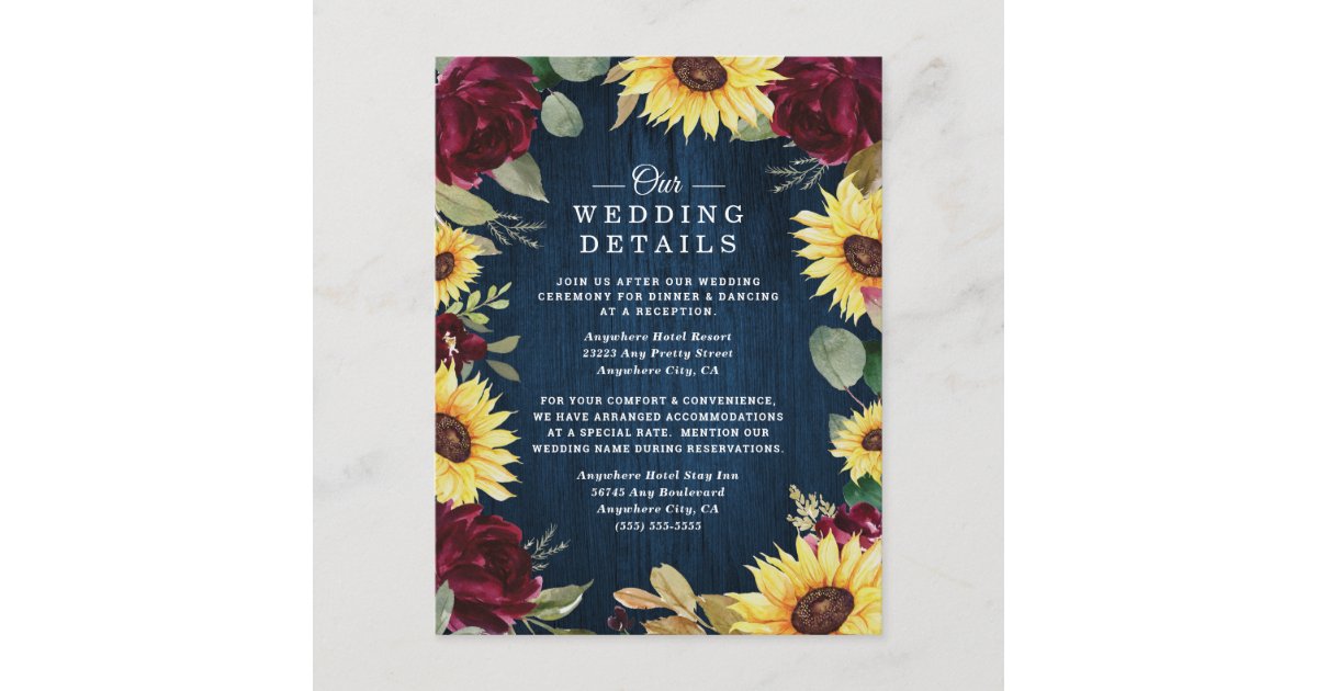 Sunflower Roses Burgundy Red and Navy Blue Wedding Enclosure Card | Zazzle