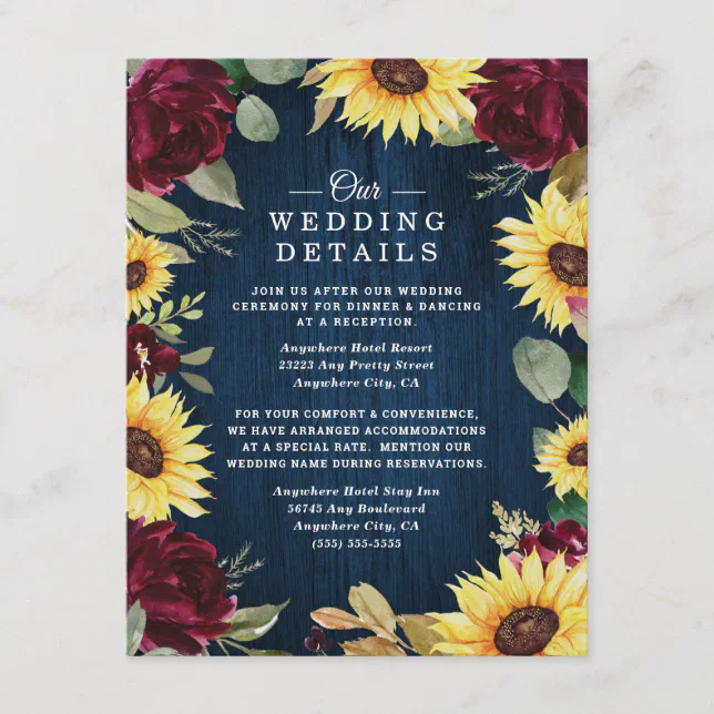 Sunflower Roses Burgundy Red and Navy Blue Wedding Enclosure Card | Zazzle