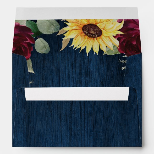 Sunflower Roses Burgundy Red and Navy Blue Wedding Envelope (Back (Bottom))
