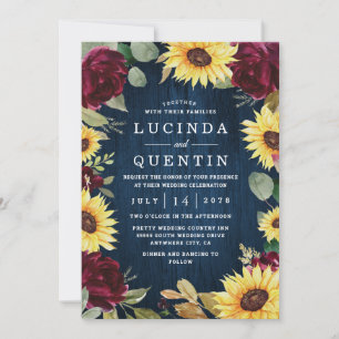 Sunflower Roses Burgundy Red and Navy Blue Wedding Invitation