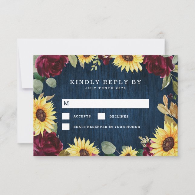 Sunflower Roses Burgundy Red and Navy Blue Wedding RSVP Card (Front)