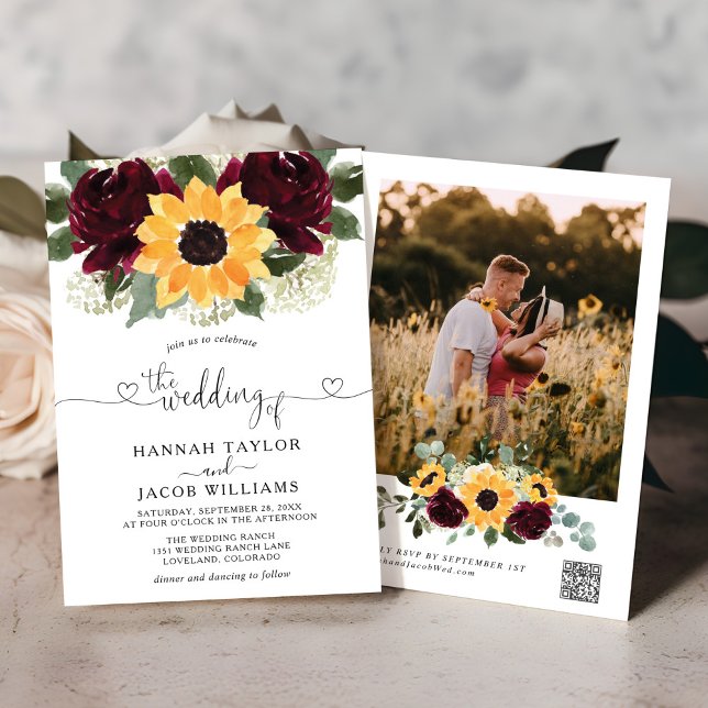 Sunflower Roses Burgundy Red Photo QR Code Wedding Invitation (Creator Uploaded)