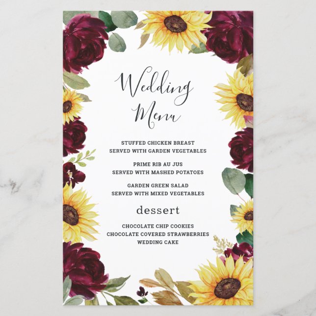 Sunflower Roses Burgundy Red Wedding Menu Cards (Front)
