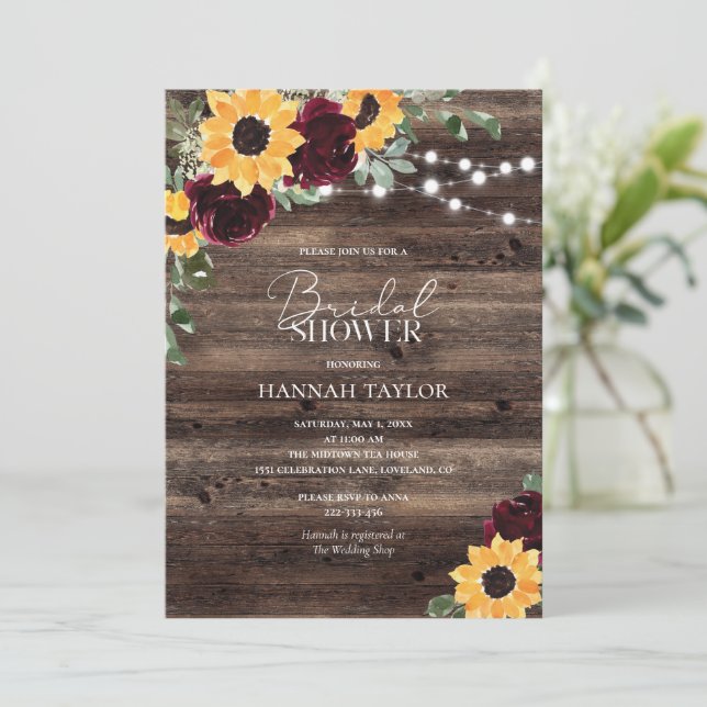 Sunflower Roses Burgundy Wood Bridal Shower Invitation (Standing Front)