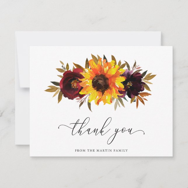 Sunflower Roses Elegant Rustic Fall Funeral Thank You Card (Front)