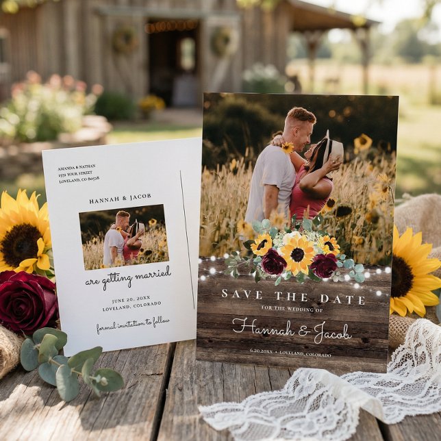 Sunflower Roses Photo Wood Save the Date Wedding Announcement Postcard (Creator Uploaded)
